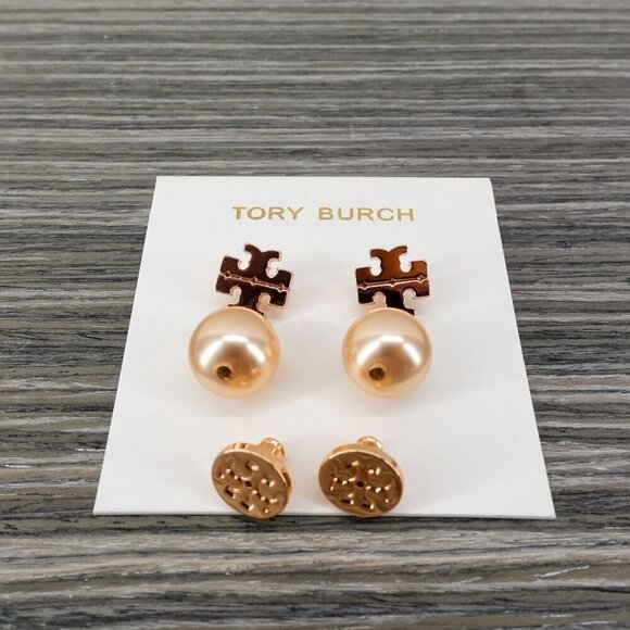 Tory Burch Faux Pearl Logo Drop Earrings Rose Gold OS - Picture 9 of 12